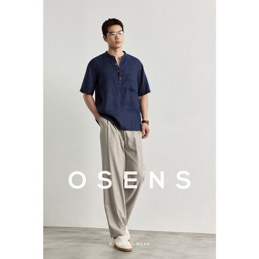 OSENS Men's Wear 21 Count 100% Natural Linen Vintage Henley Collar T-shirt Half-front Men's Short-Sleeved Shirt Summer Nautilus Ready in Stock M (170/92A)