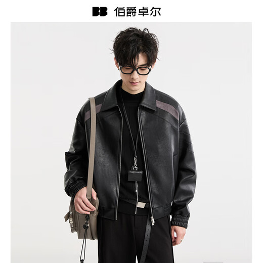 Earl Dower Fashion Color-Blocked Imitation Leder Leder Leder Kleidung 2025 Herbst neue Pendler Lederjacke Jacke E531422 Moonlight Night Black L (175)