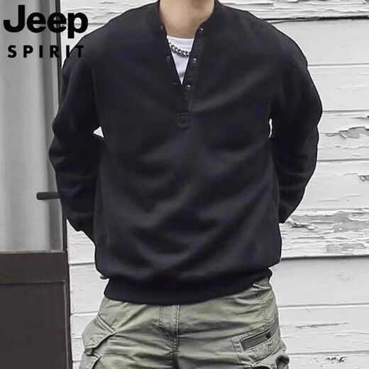 JEEP SPIRIT Japanese retro autumn and winter men's Henry collar long-sleeved bottoming shirt casual loose pullover sweatshirt thickened large size black style plus velvet 3XL