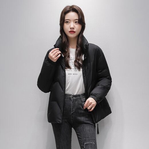 Snow Flying Light Thin Goose Down Down Jacket Women's Short Slim Simple Warm 2025 Winter New Stand Collar Jacket Black M