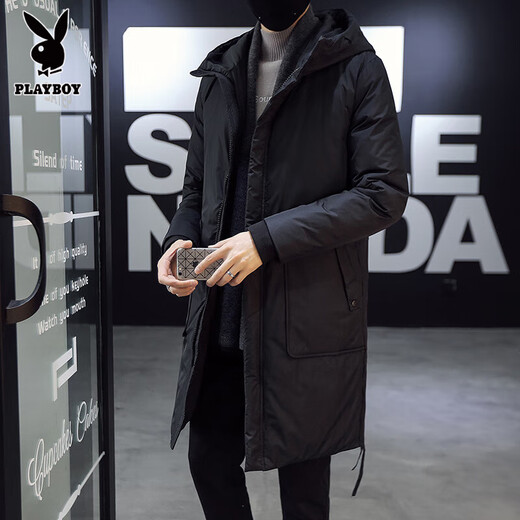 Playboy medium-length hooded down cotton coat for men, Korean version, slim and trendy 2025 winter simple thickened parka warm coat, black M