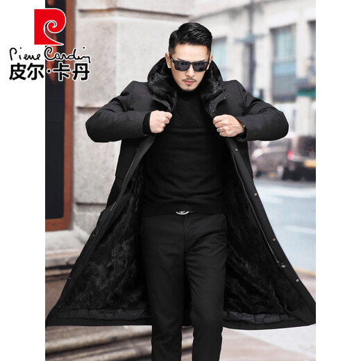 Pierre Cardin parka men's mid-length imitation mink lining cotton coat detachable imitation mink coat jacket winter black large length L
