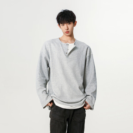 OEMG waffle henley collar fake two-piece long-sleeved t-shirt for men autumn new base top with 280g heavy sweater brown XL recommended 110-130Jin Jin equals 0.5 kg