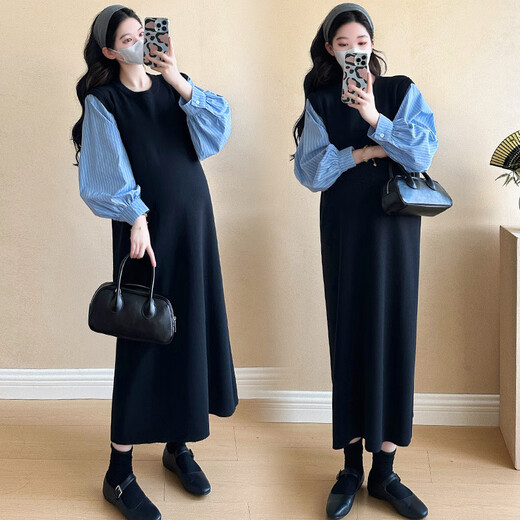 Ranqi Mommy Maternity Clothing 2025 Autumn New Designer Fake Two-piece Shirt Knitted Skirt Loose Slimming Spliced Maternity Dress Picture Color L