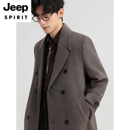 JEEP SPIRIT New Double-sided Woolen Coat Men's Medium and Long New Autumn and Winter Double-breasted Casual Over-the-Knee Youth Woolen Woolen Jacket Gray Coffee M 170 Recommended 100-120Jin Jin is equal to 0.5 kg