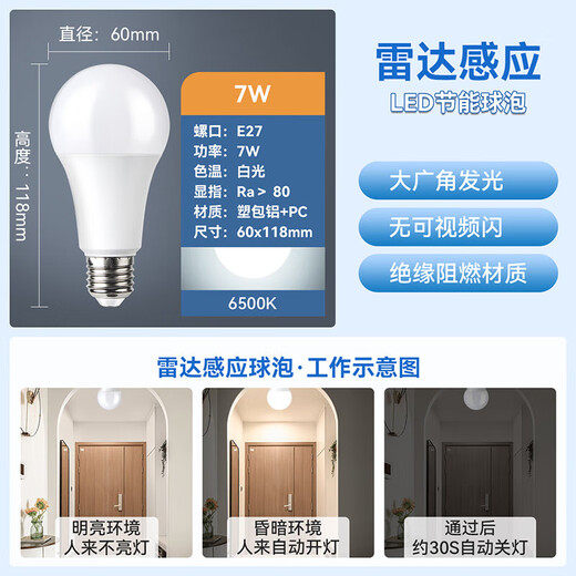 NVC LED light bulb radar induction bulb E27 screw light source property corridor induction bulb 7W positive white light E27