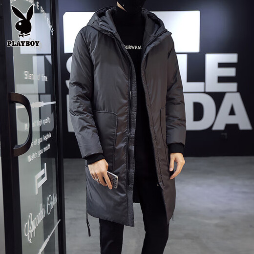 Playboy medium-length hooded down cotton coat for men, Korean version, slim and trendy 2025 winter simple thickened parka warm coat, black M