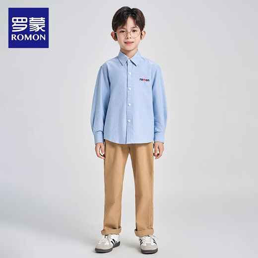 Luo Meng children's clothing boys' shirt new spring and autumn college style embroidered long-sleeved campus uniform blue shirt blue 130