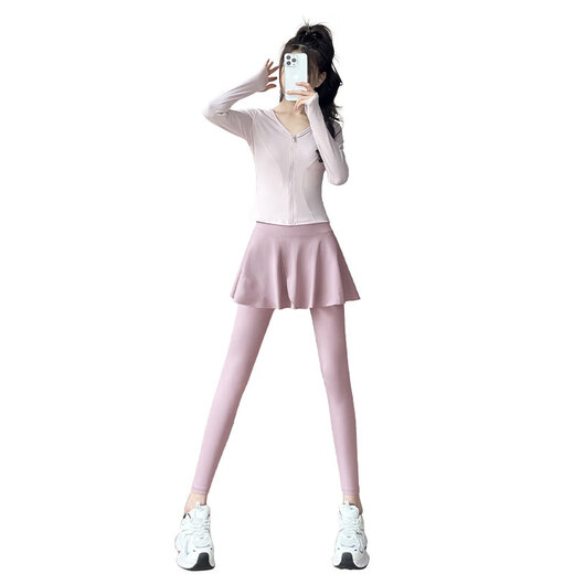 Aimengniao Tennis Suit Women's Autumn New Running Yoga Pilates Gym Morning Running Suit Hiking Suit Yoga Pants Skirt Two-piece Set Coconut Milk White + Gray S