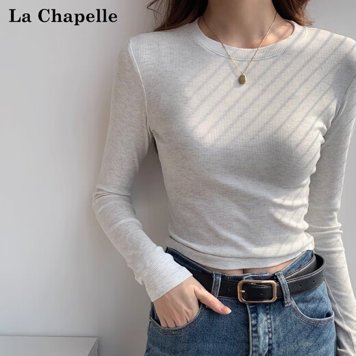 La Chapelle American style right-shoulder bottoming shirt long-sleeved T-shirt for women 2026 spring and autumn new style inner slim-fitting top white M