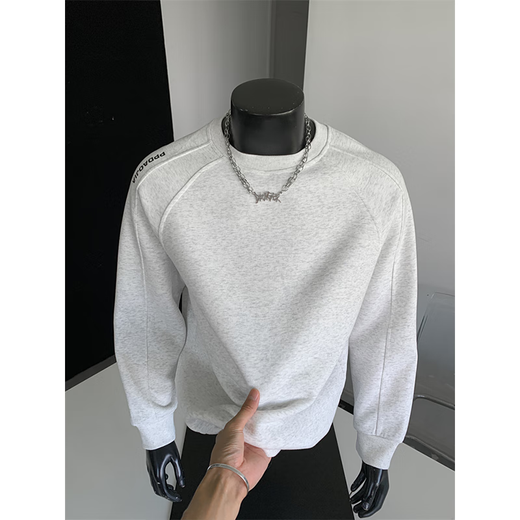 Katuchi American heavyweight patchwork sweatshirt for men in spring and autumn loose trendy casual inner layering shirt round neck pullover top white gray XL