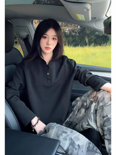 Moranya American Henley collar long-sleeved sweatshirt for men in autumn, right shoulder heavyweight polo shirt base coat, light gray M M recommended 90-100Jin Jin is equal to 0.5 kg