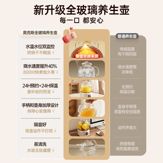 AUX Oaks all-glass health kettle kettle office multi-functional stove-cooking teapot 0 glue constant temperature kettle tea kettle stewing all-in-one small one-person hot water kettle fully automatic all-glass 0 glue 0 coating 0 metal 1.2L standard model