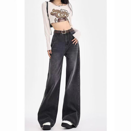 Luyal black and gray wide-leg jeans for women in autumn and winter retro loose and drapey slim slim straight-leg bootcut pants for women, black and gray L
