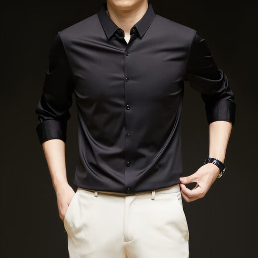 Повседневная, без утюга, осенне-зимняя бесшовная рубашка с длинными рукавами, мужской однотонный топ со свободным остроконечным воротником, деловой черный цвет для молодежи и среднего возраста. Рекомендуемый размер XL 135-155 Цзинь Цзинь равен 0,5 кг.