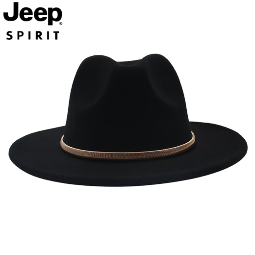 JEEP SPIRIT fedora hat British style men's and women's jazz hat metal accessories large brim felt hat fedorahat black (gold ring) L (59-62cm)