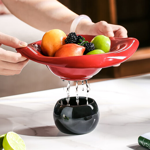 Shimmer fruit plate, high-end living room, household fruit plate, coffee table, snack display plate, high foot plate, snack plate, dry fruit plate, lotus leaf fruit plate, black background and red leaves
