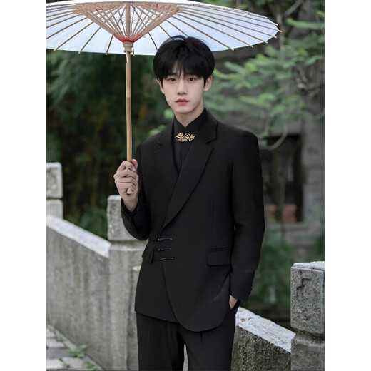 New Chinese style black buttoned suit jacket Chinese tunic suit engagement groom wedding dress casual suit black jacket high quality S recommended 75-95Jin Jin equals 0.5 kg
