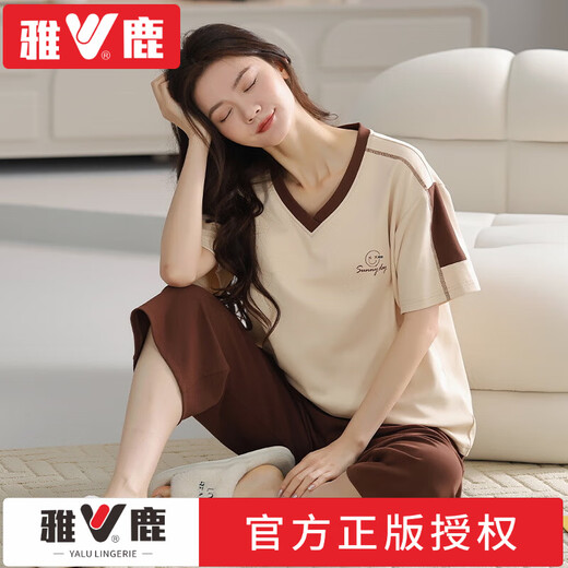 雅鹿睡衣女士夏季纯棉V领短袖七分裤宽松休闲可外穿春家居服套装凉感 品牌T-9855(短裤套装) M (80-100斤)
