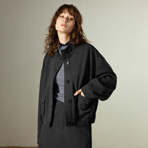 Chuyu Woolen Jacket Women's 2025 Winter New Stand Collar Retro High Intelligence Jacket Loose Top Jacket Black Gray L