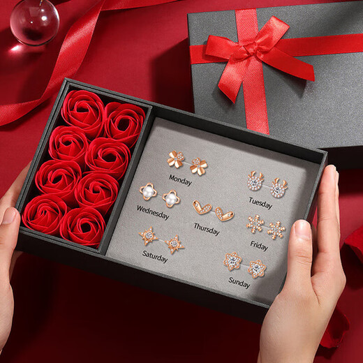 Lanshu (LANSHU) earrings for women 2025 new one-week earrings silver needle birthday gift for girls to give to their girlfriends niche light luxury high-end one-week earrings rose gift box s999 silver needle