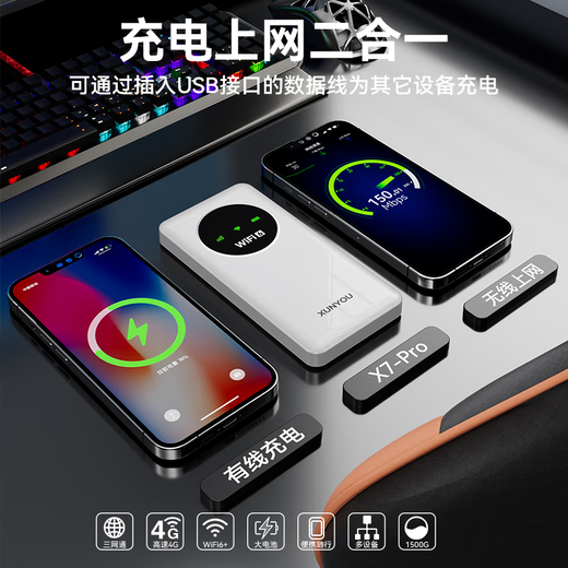 Xunyou Portable WiFi Three Networks Card-free Wireless WiFi6 Portable 4G Router Network Card Mobile Unicom Telecom Unlimited National General Traffic 2025 5GXY Extreme Edition 10000 mAh Charging Internet Dual-use + Three Networks Any Switch