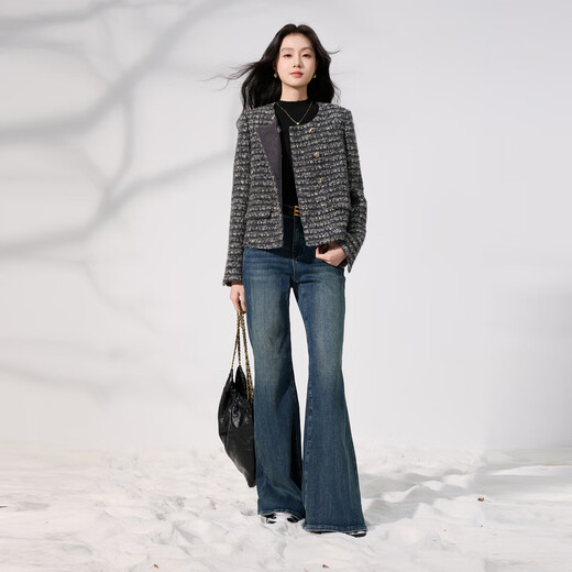 Sancai 2025 new winter style high-waisted brushed jeans casual pants slim-fit bell-bottom trousers micro-flared trousers S