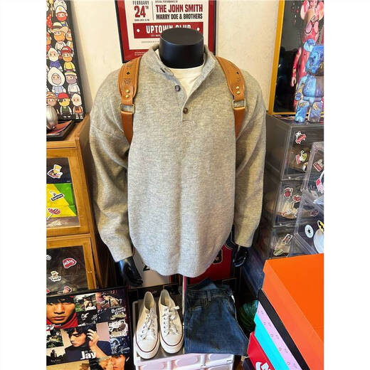 Jufeng light gray Henry collar sweater for men in autumn and winter American retro inner sweater cleanfit lazy style jacket black 2XL (suitable) 145-160Jin Jin is equal to 0.5 kg