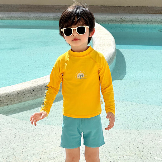 Sanqihu boys swimsuit children's swimsuit 2025 new boys two-piece swimsuit long-sleeved sun protection quick-drying dry suit lemon yellow with swimming cap 90