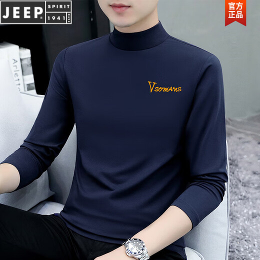 Jeep Spirit Pure Cotton Half Turtleneck Base Base Camiseta de manga larga para hombres Camiseta de colina sólida de color medio y otoño