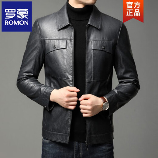 ROMON leather jacket men's spring new leather jacket men's single leather casual lapel father's imitation sheepskin jacket black L 175