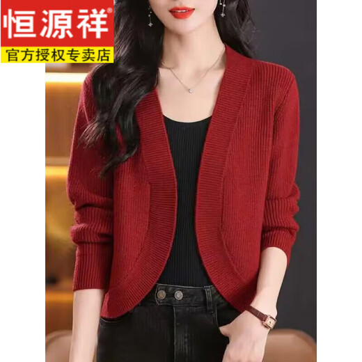 
Hengyuanxiang short sweater high waist jacket knitted cardigan for women in spring and autumn solid color V-neck shawl with small top red L