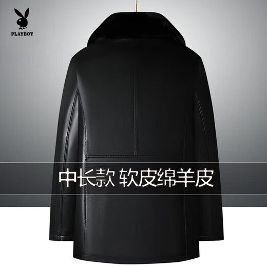 Playboy middle-aged and elderly men's genuine leather coat with velvet and thickened large size men's mid-length parka coat men's sheepskin jacket black ordinary fur collar 3XL 190 180-200Jin Jin is equal to 0.5 kg wear