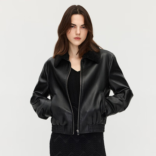 OCHIRLY Special Discount Detachable Fur Collar Jacket Leather Jacket Women's Matte High-Quality 25 Winter Black M