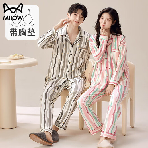 MiiOW Couple Pajamas Pure Cotton Lapel Cardigan Long Sleeve Korean Version with Breast Pad Women's Plus Size Men's Autumn and Winter Home Clothing Set T-24222 M Female 80-95Jin Jin is equal to 0.5 kg