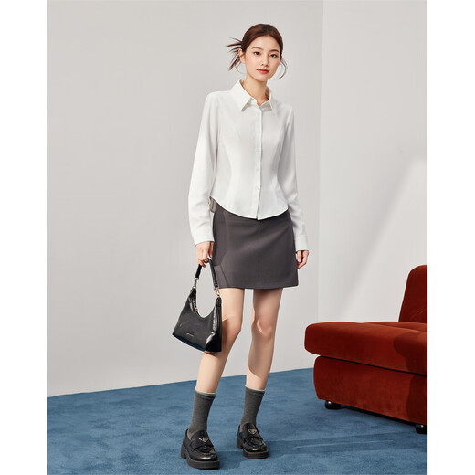 IEF/Aiyifu 2025 Autumn New Korean Style Simple Solid Color Basic Commuting Temperament Versatile Shirt Top Blue L