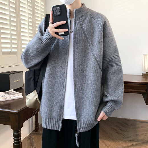 FKDK cardigan sweater men's autumn and winter lamb velvet sweater jacket men's trendy loose zipper thickened casual sweater gray XL