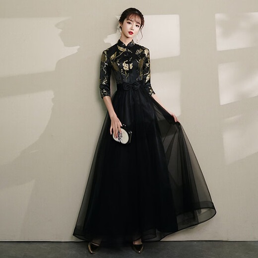 Timochi New Chinese Style Women's Banquet Evening Dress Small 2026 Chinese Style Black Temperament Long Style Host Style Solo Finger Black M