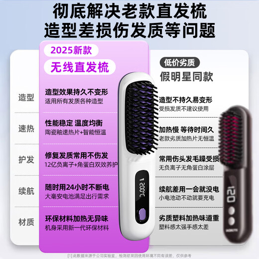 Jiabolan wireless hair straightening comb negative ion hair care does not damage hair wireless portable straightening and curling dual-use fluffy splint for men and women artifact high skull lasting styling pearl white three-level adjustment丨LCD display丨1.2 billion hydrating negative ions