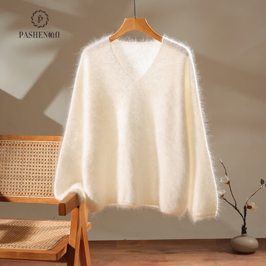 Pash women's brushed cashmere sweater 100% cashmere 25 autumn and winter new V-neck versatile knitted sweater DS-111 light blue one size