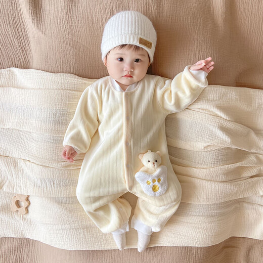 婧麒（JOYNCLEON）加绒连体衣秋冬男女宝宝加厚保暖新生儿衣服外出哈衣 Jlt200706