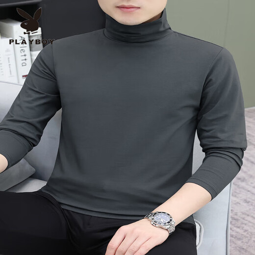 Playboy non-pilling turtleneck bottoming shirt men's pure cotton white long-sleeved T-shirt men's trendy slim-fitting mid-collar clothing inner wear M400 blue gray M Recommendation 85 to 100Jin Jin is equal to 0.5 kg