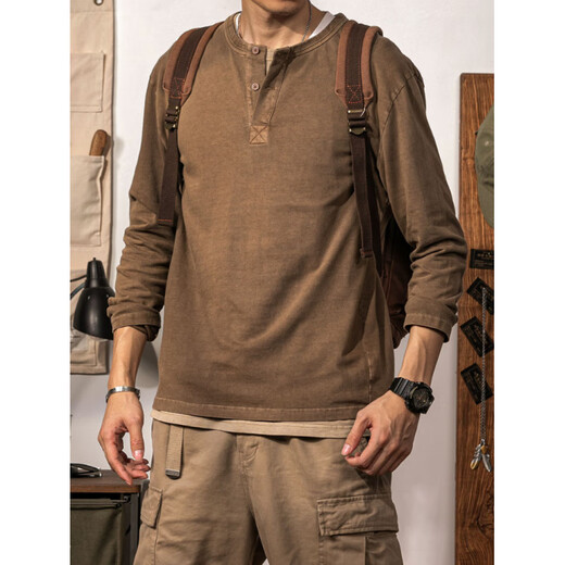 ACOO luxury American retro Henley shirt washed and distressed pure cotton Henley collar long-sleeved T-shirt men's solid color coffee bottoming shirt Brown M