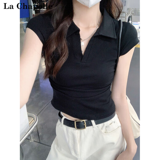 拉夏贝尔POLO衫女夏季新款修身辣妹正肩纯欲短袖t恤女短款上衣 白色 L
