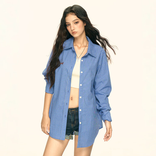 AAISUP American retro blue plaid shirt for women 2026 spring and autumn new design versatile puppy embroidered shirt trendy blue M