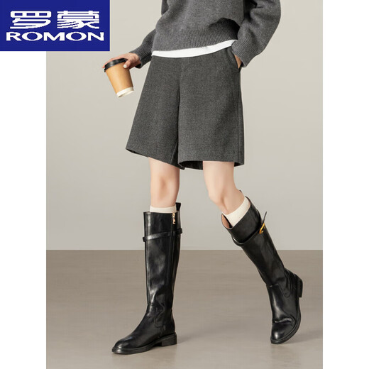 ROMON gray woolen shorts for women autumn and winter 2025 new high-end casual straight pants suit woolen five-quarter pants dark gray L