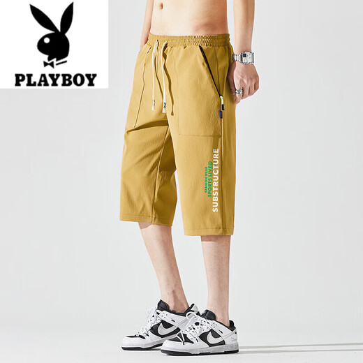 Playboy (PLAYBOY) einfarbige, kurze Hose, Sommer, trendige Marke, Jugend, Eisseide, Kordelzug, Herren, locker, schnell trocknend, lässiger Overall, gerade Hose 10972S Desert Yellow XL