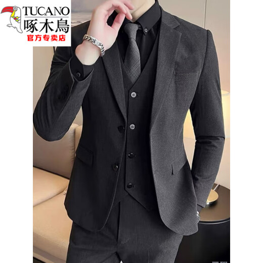 Woodpecker (TUCANO) Spring and Autumn Black Slim Suit Men's Business Casual Korean Style Small Suit Men's Wedding Dress Set Black + White Shirt [Tie] M