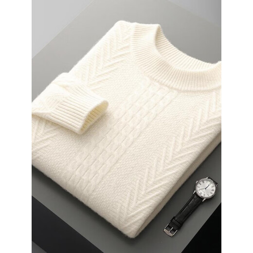 鄂尔多斯市产纯羊毛衫双股加厚男圆领针织毛衣商务休闲内搭扭花打 大象灰 XL