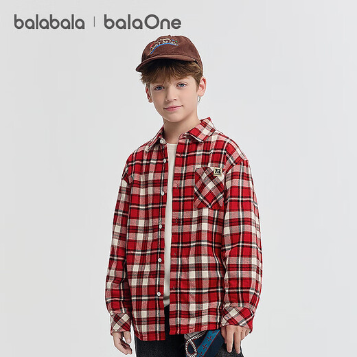 Balabala children's clothing boys' shirts children's big children's clothes new autumn and winter velvet jackets warm plaid shirts versatile red tone 00366 120
